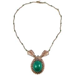 50 Carat Cabochon Emerald and Champagne Diamond Rose Gold Necklace