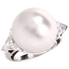 1980s South Sea Pearl Trillion Diamond Platinum Cocktail Ring