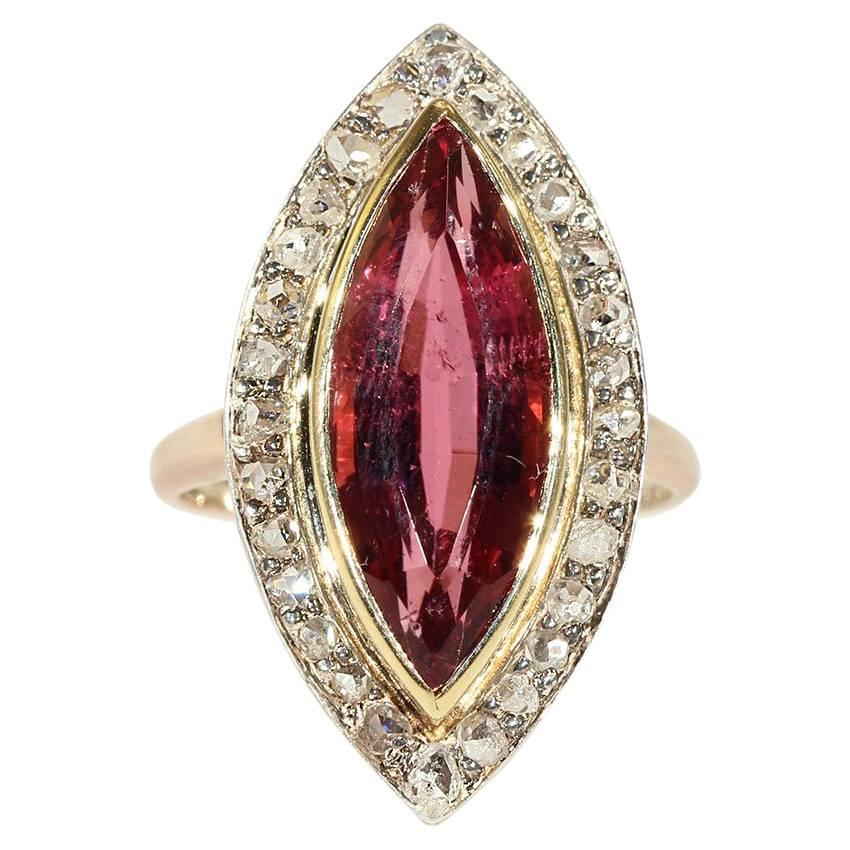 Edwardian Navette Pink Tourmaline Diamond Gold Ring For Sale