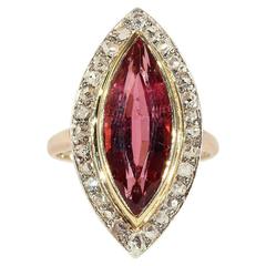 Antique Edwardian Navette Pink Tourmaline Diamond Gold Ring