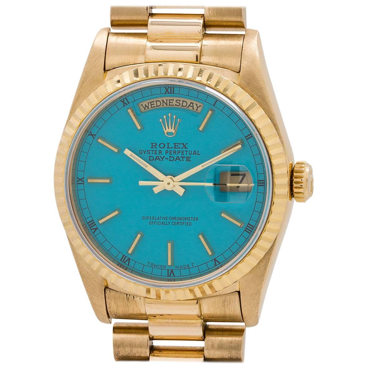 Rolex Yellow Gold Day Date President Custom Turquoise Wristwatch, circa 1993 For Sale