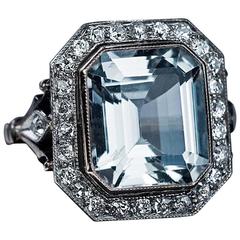 Vintage Art Deco Russian Aquamarine Diamond Gold Ring, circa 1930
