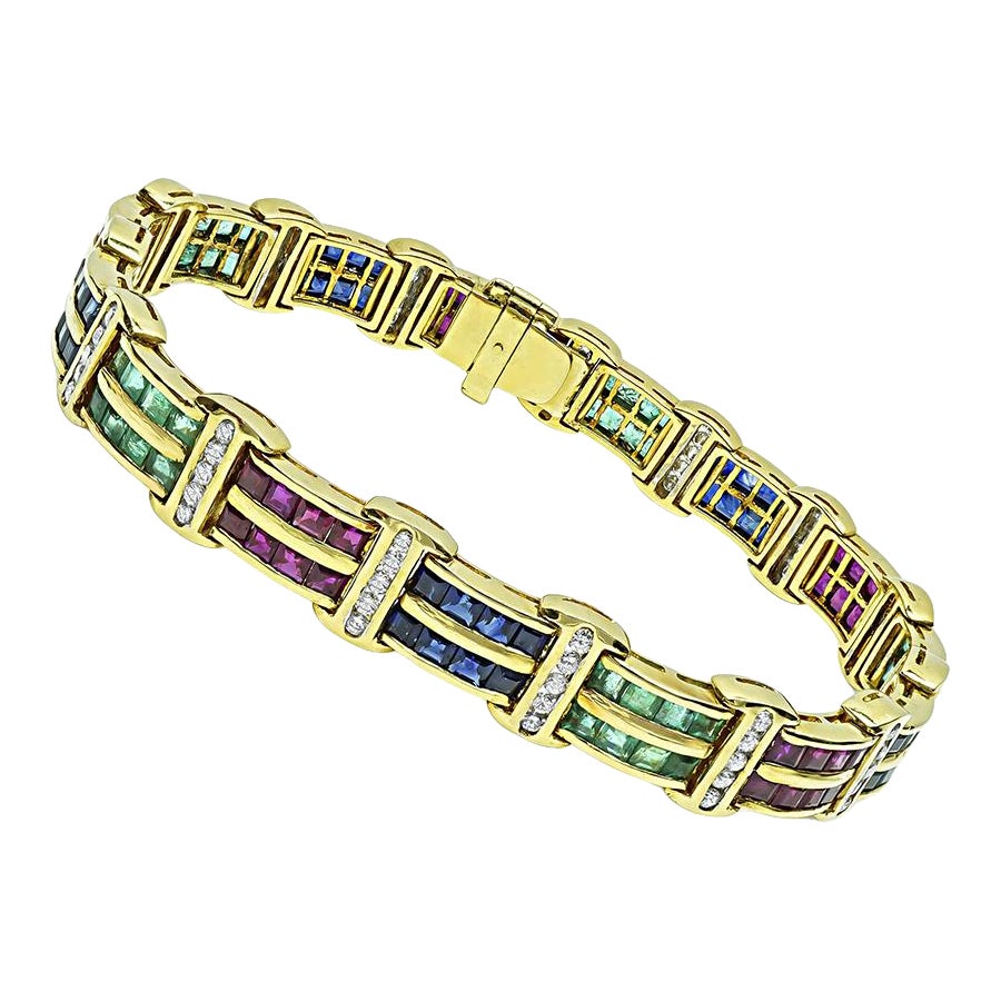 1.50ct Diamond 4.40ct Multi Color Precious Gemstone Gold Bracelet