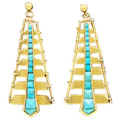 Egyptian Revival Turquoise Yellow Gold Dangle Earrings