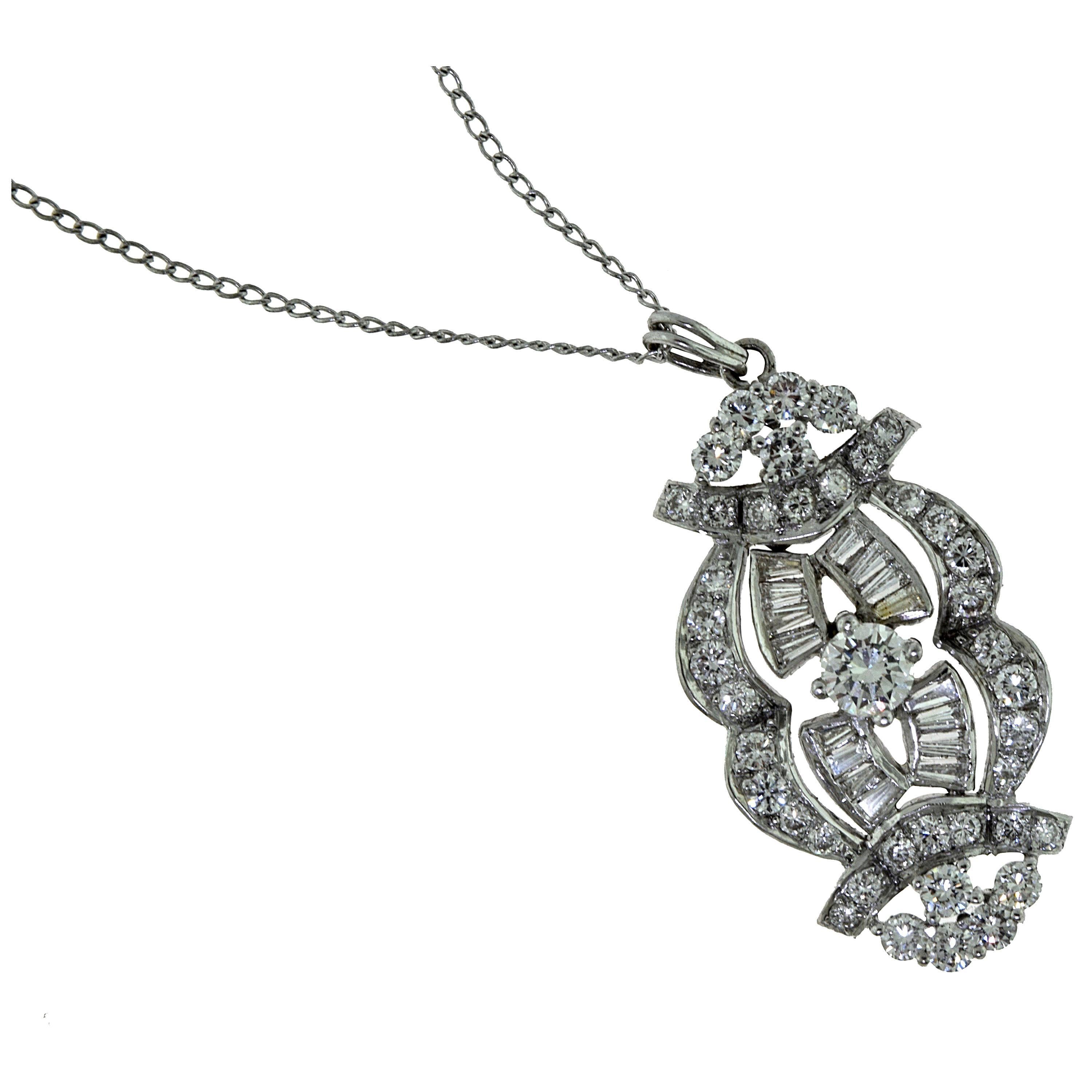 Estate Art Deco Round and Baguette Diamond Pendant Necklace For Sale