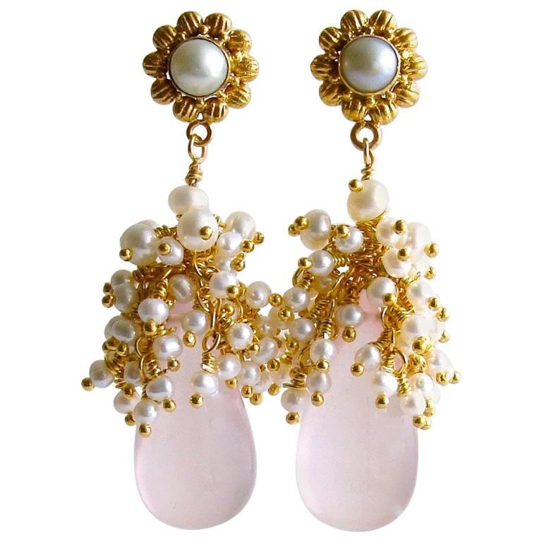 Rose Quartz Seed Pearl Cluster Earrings