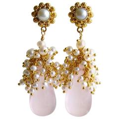 Rose Quartz Seed Pearl Cluster Earrings