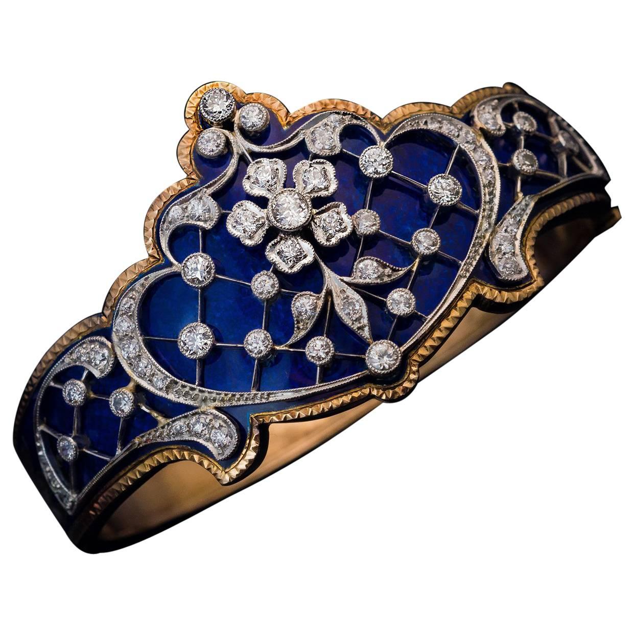 Belle Époque Antique Blue Enamel Diamond Platinum Gold Bracelet