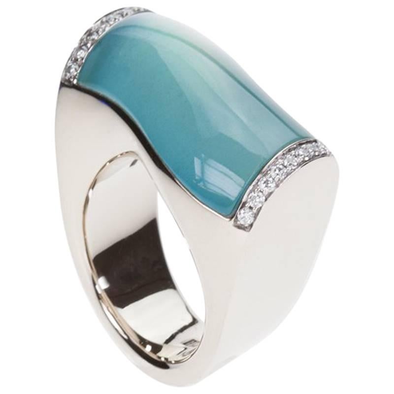 Vhernier Aquamarine Mother-of-Pearl Diamonds White Gold Onda Ring For Sale