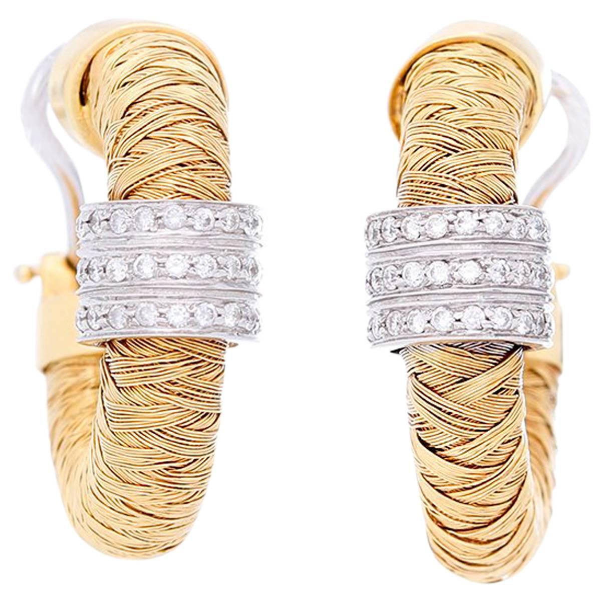 Roberto Coin Diamond Gold Basketweave Hoop Earrings