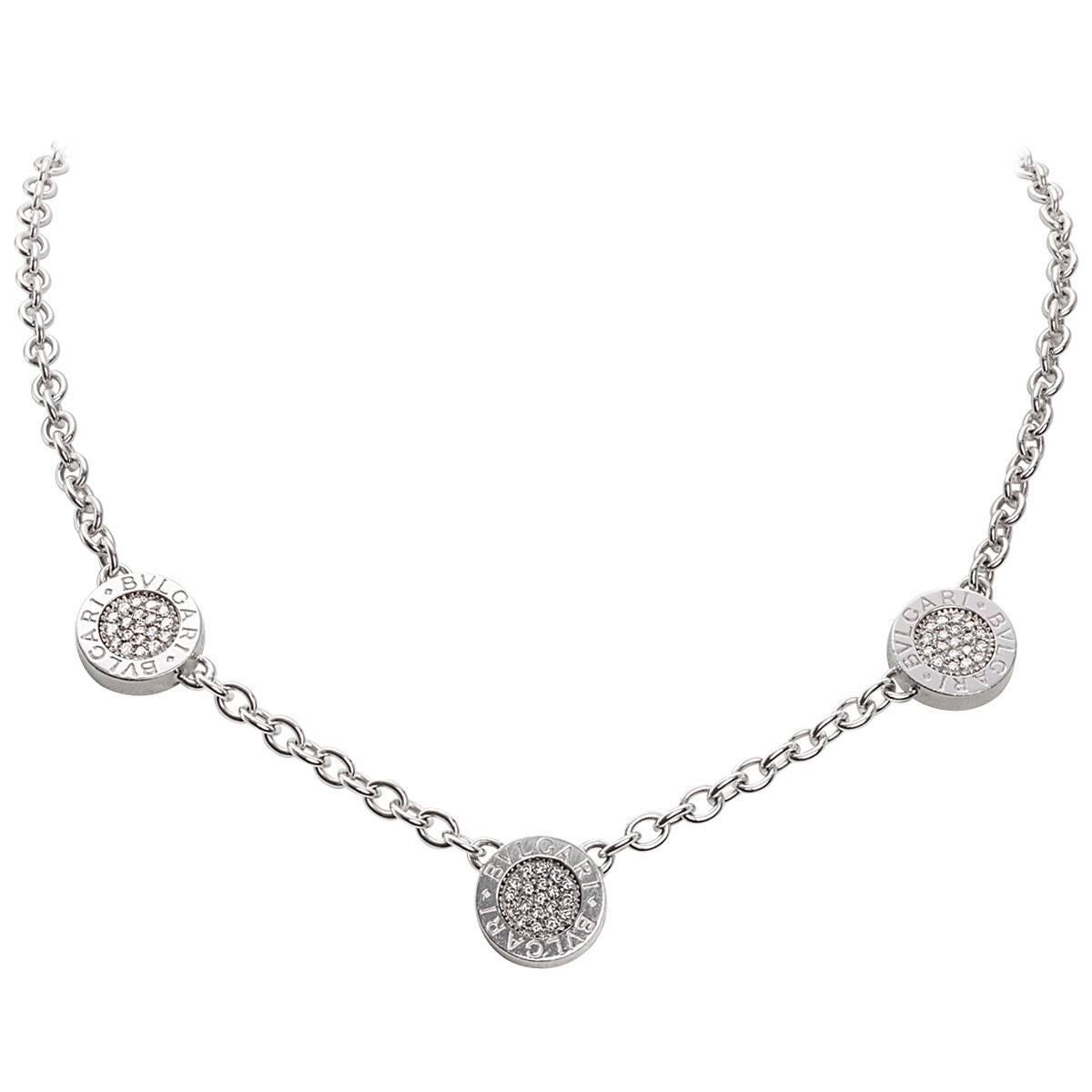 Bulgari Three-Disk 18k White Gold and Diamond 15.5" Necklace  For Sale