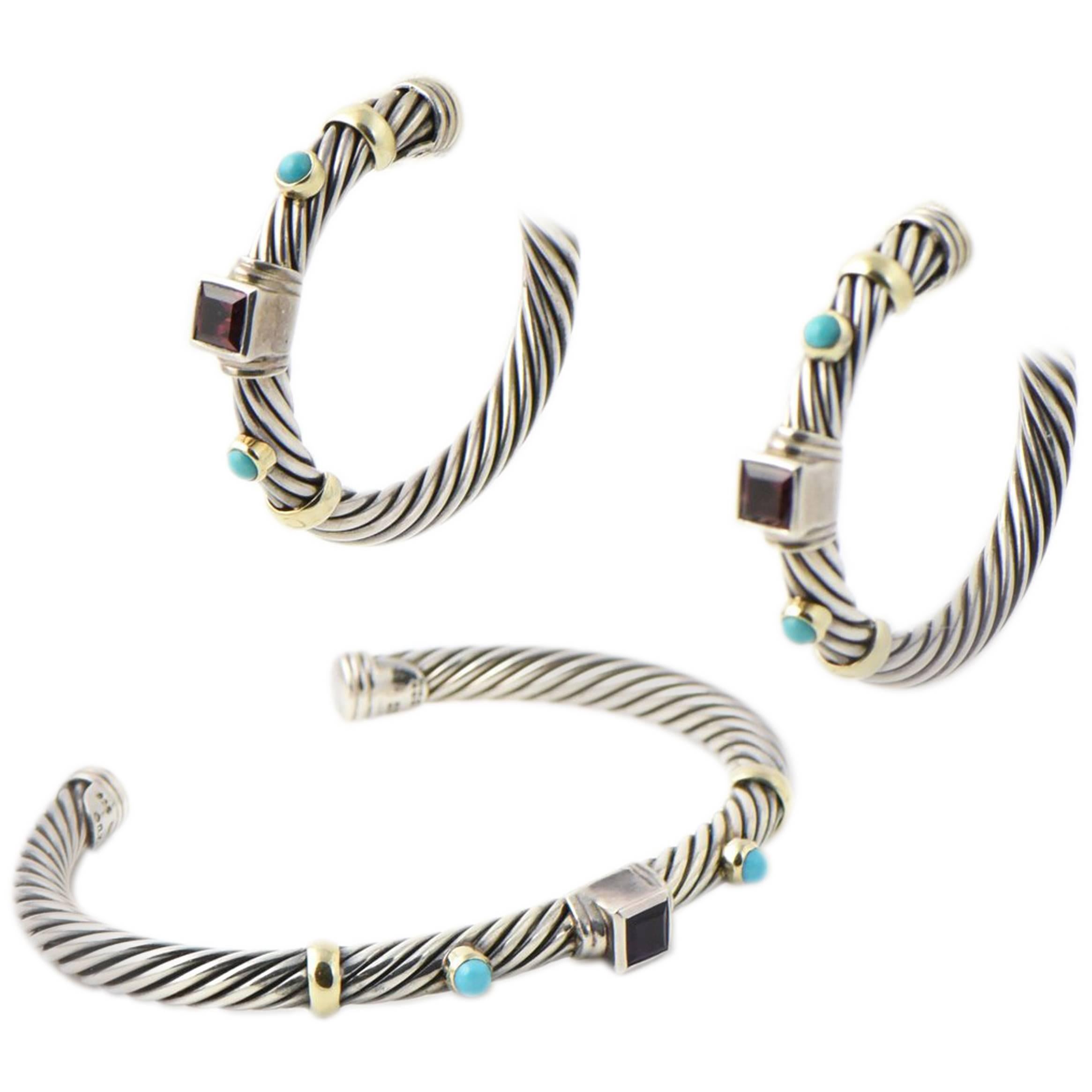 David Yurman Turquoise and Garnet Silver Renaissance Earrings and Bracelet Set