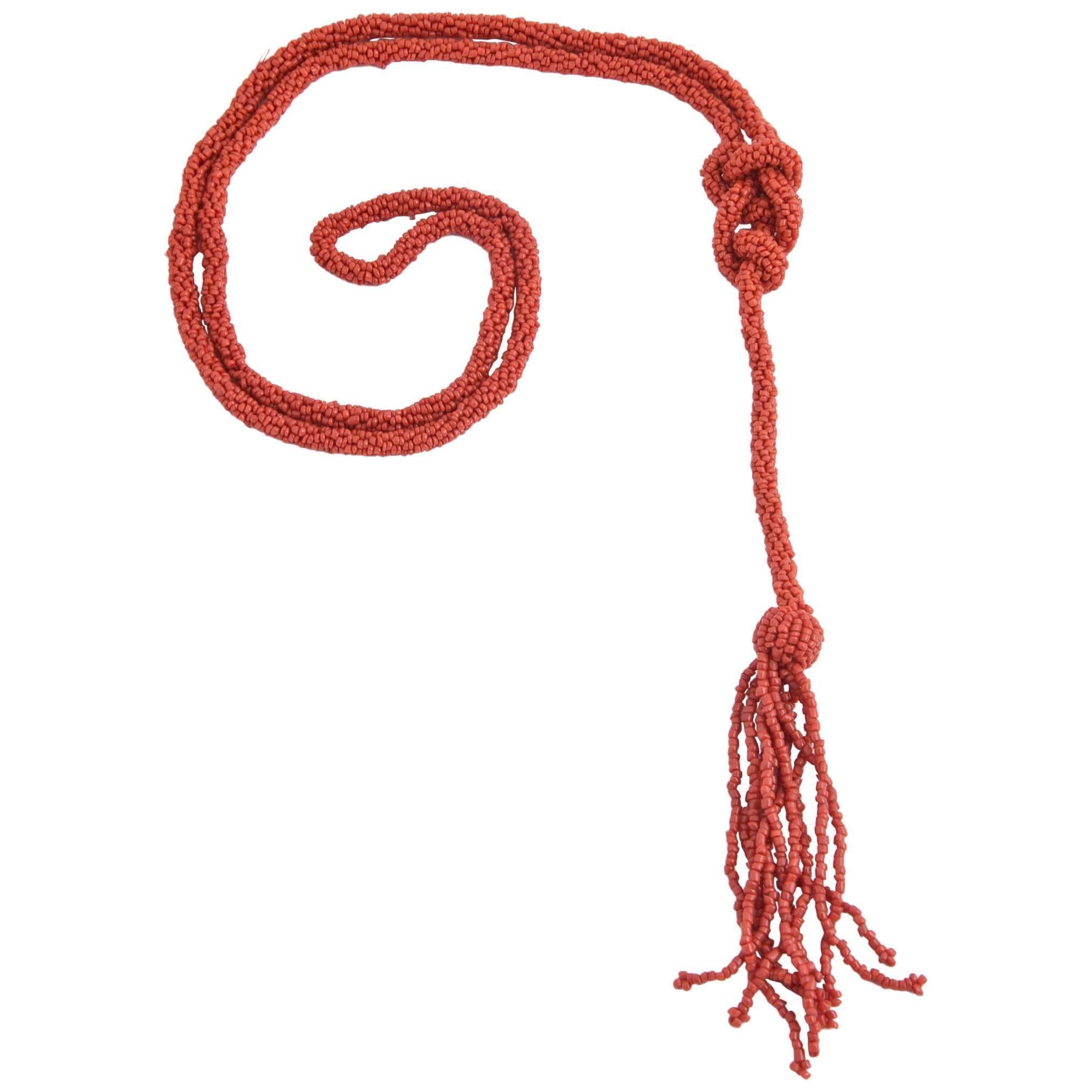 Long Woven Red Coral Tassel Necklace