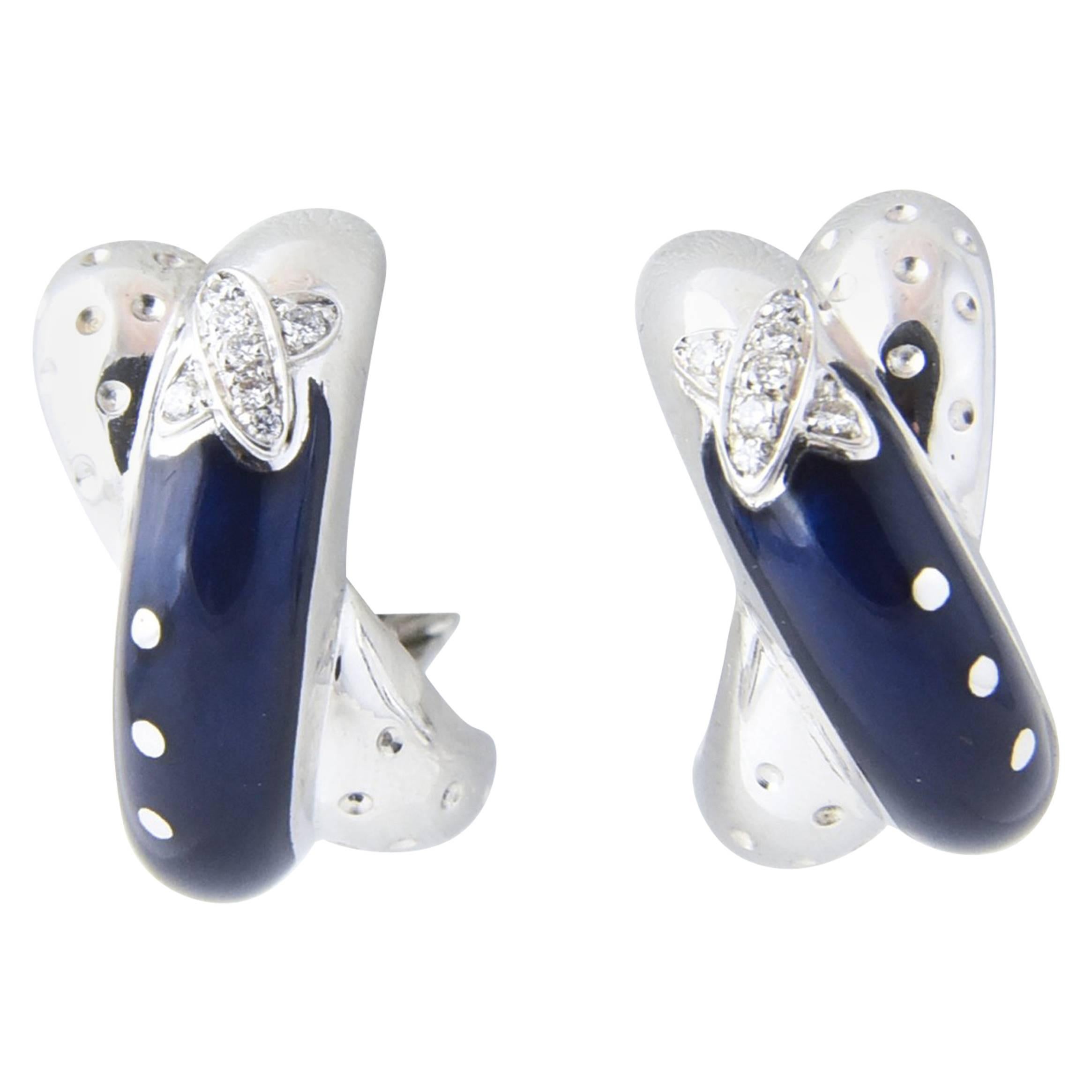 Nouvelle Bague Navy Enamel and Diamond White Gold Earrings