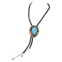 Vintage Native American Sterling Silver and Gemstone Leather Bollo Necklace