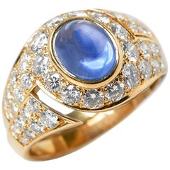 Bulgari Gold 18 Karat Yellow Gold Cabochon Sapphire & Diamond Cocktail Ring 