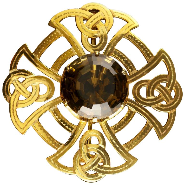Antique Victorian Scottish Gold Brooch Silver Quartz Very Large