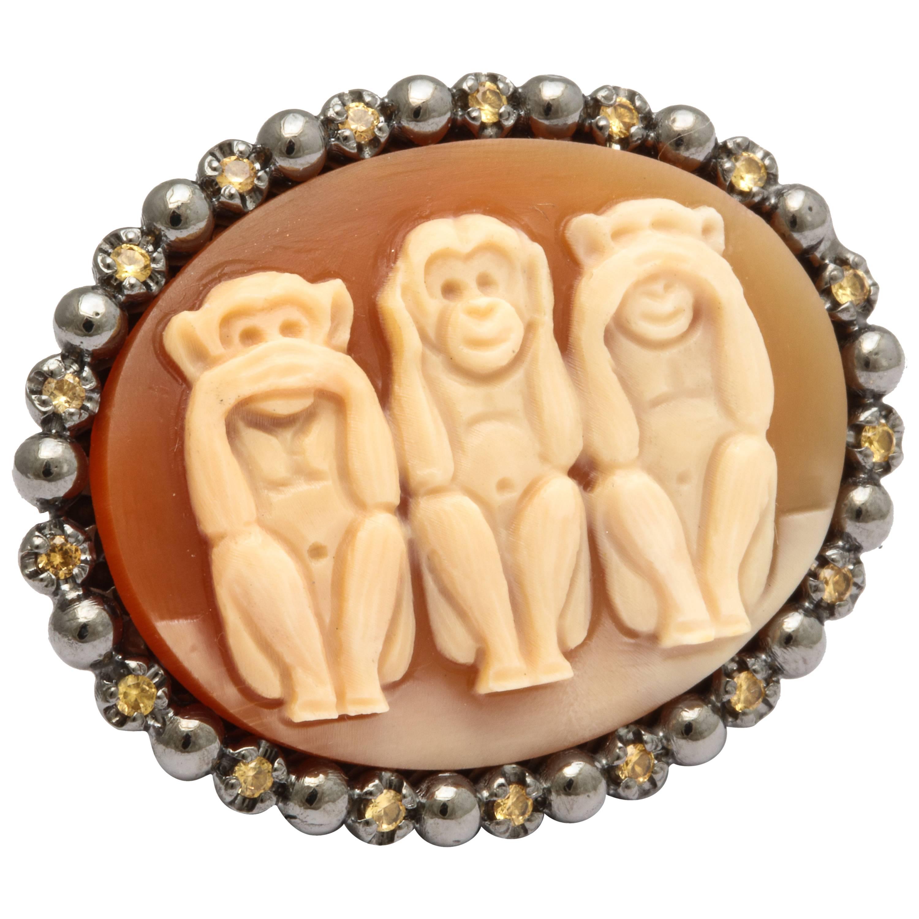 Amedeo Monkeys Cameo Ring with Yellow Sapphires For Sale