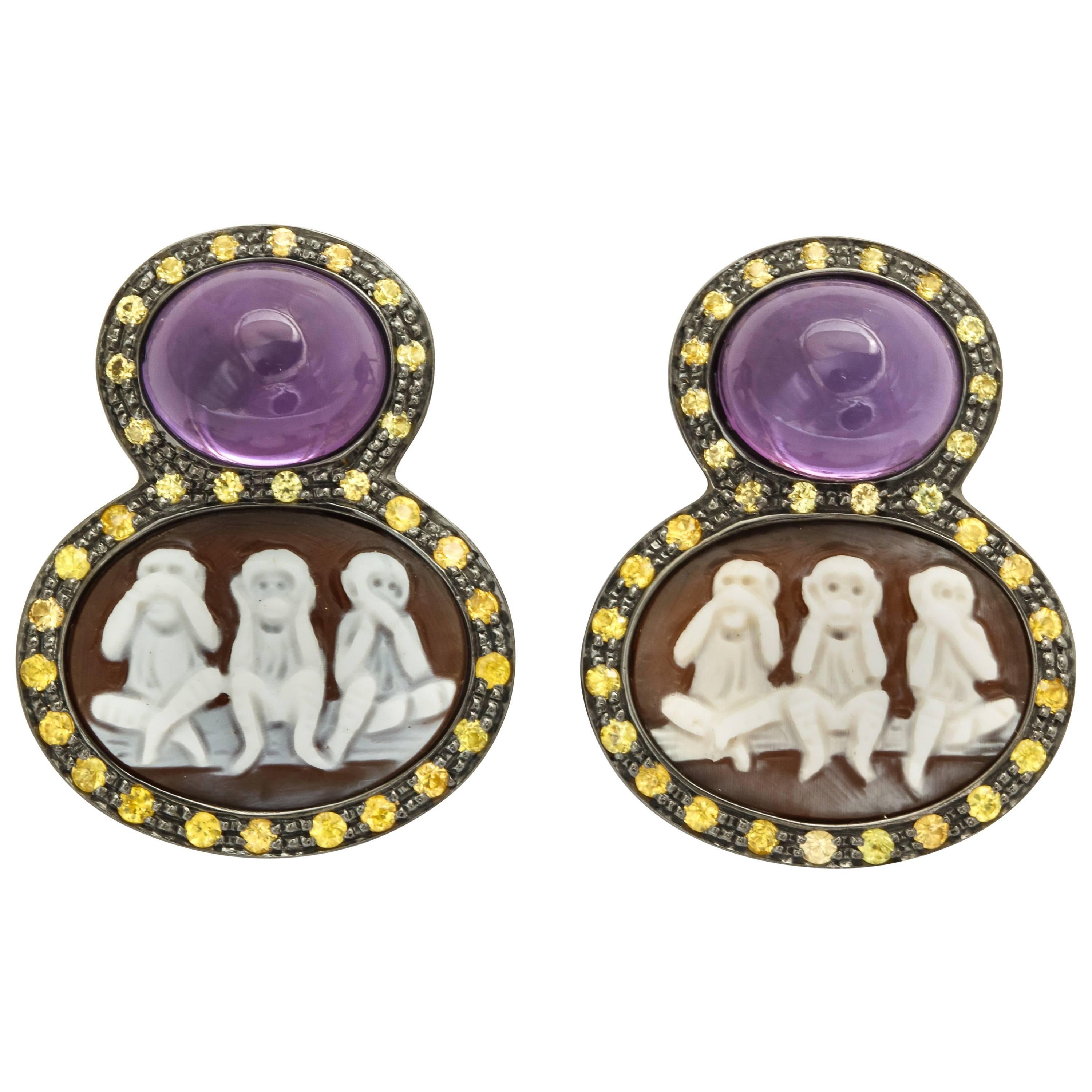 Amedeo Scimmiette Sardonyx Shell Cameo Couture Earrings For Sale