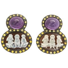 Amedeo Scimmiette Sardonyx Shell Cameo Couture Earrings