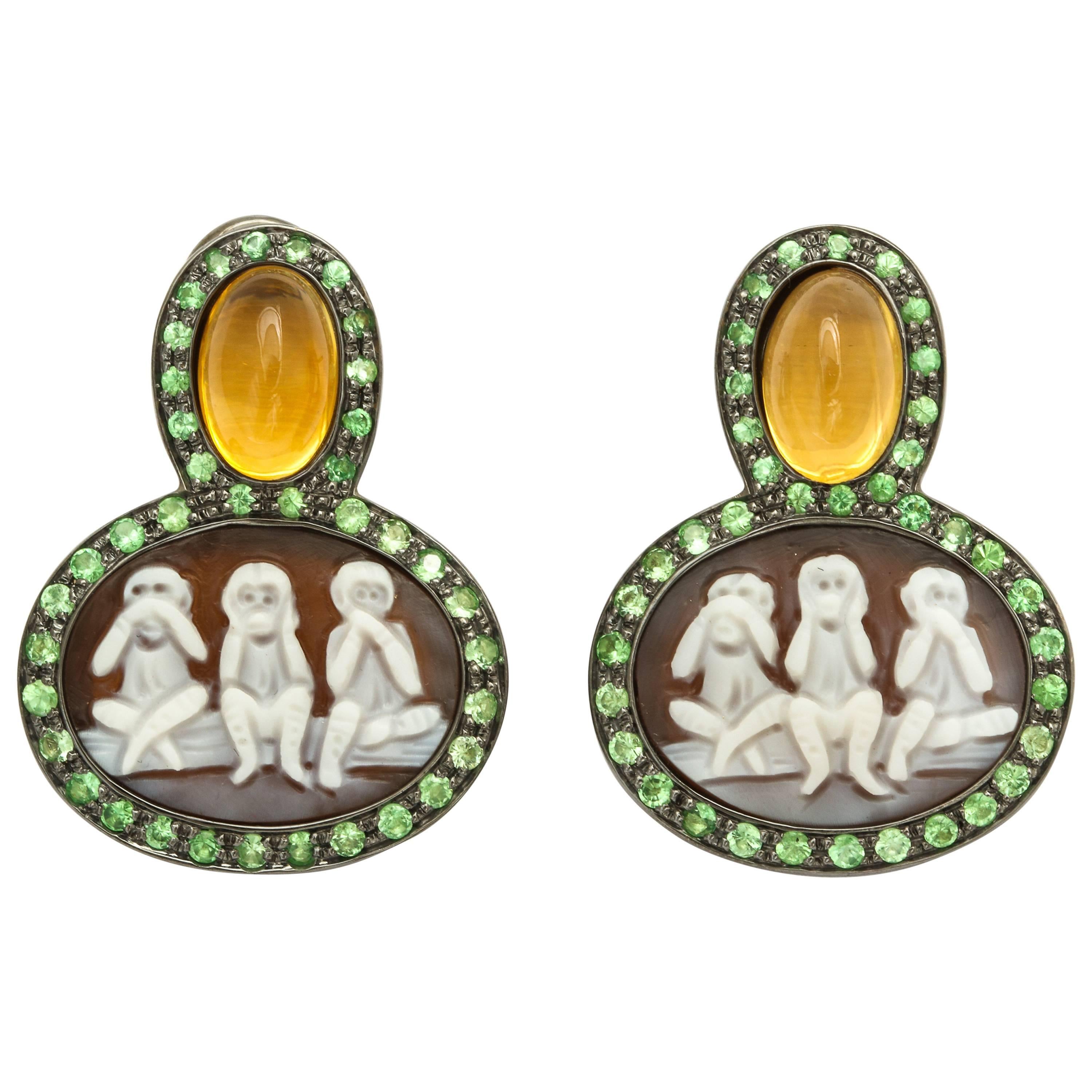 Amedeo Sardonyx Shell Cameo Couture Scimmiette Earrings For Sale