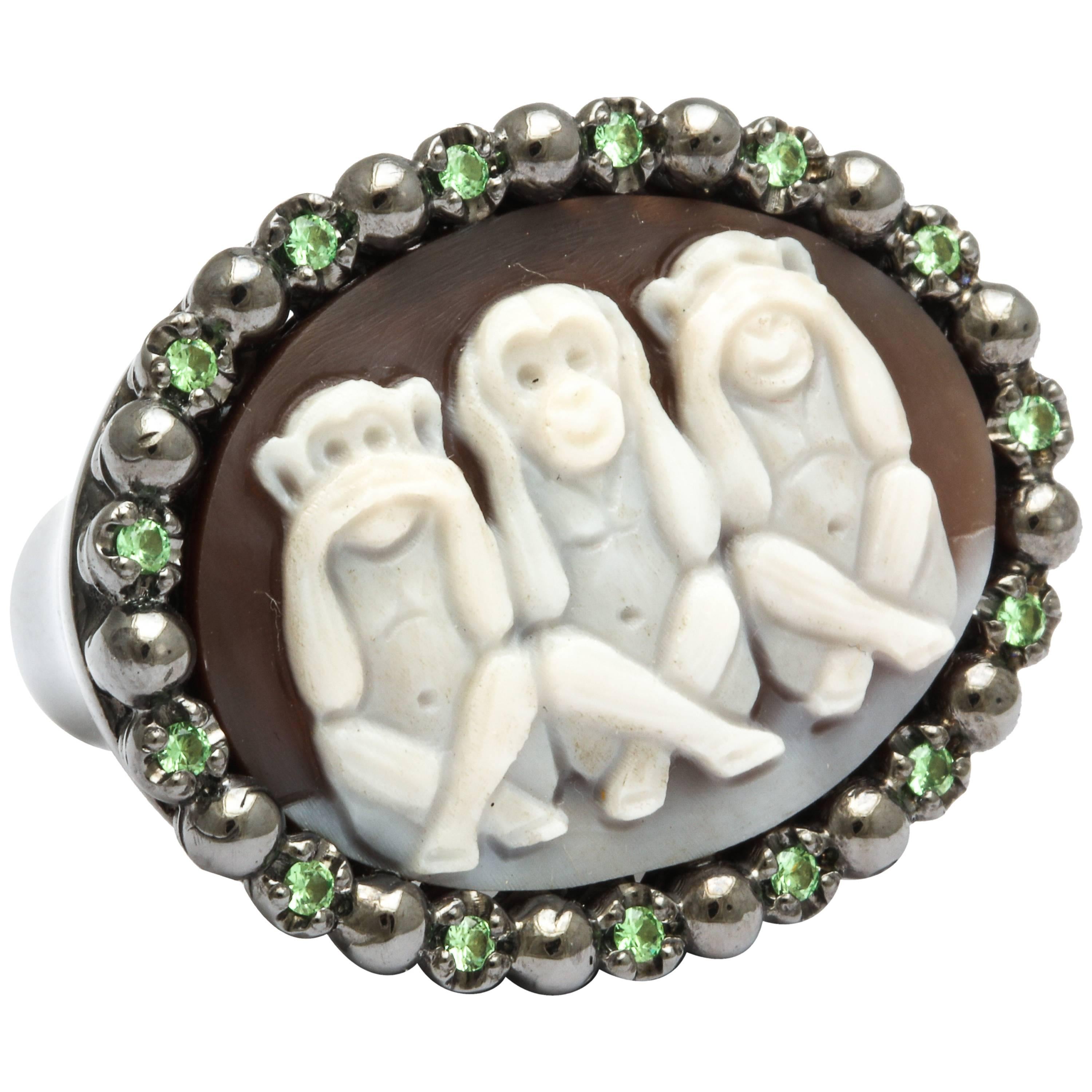 Amedeo Three Mystic Apes Cameo Ring with Tsavorites For Sale