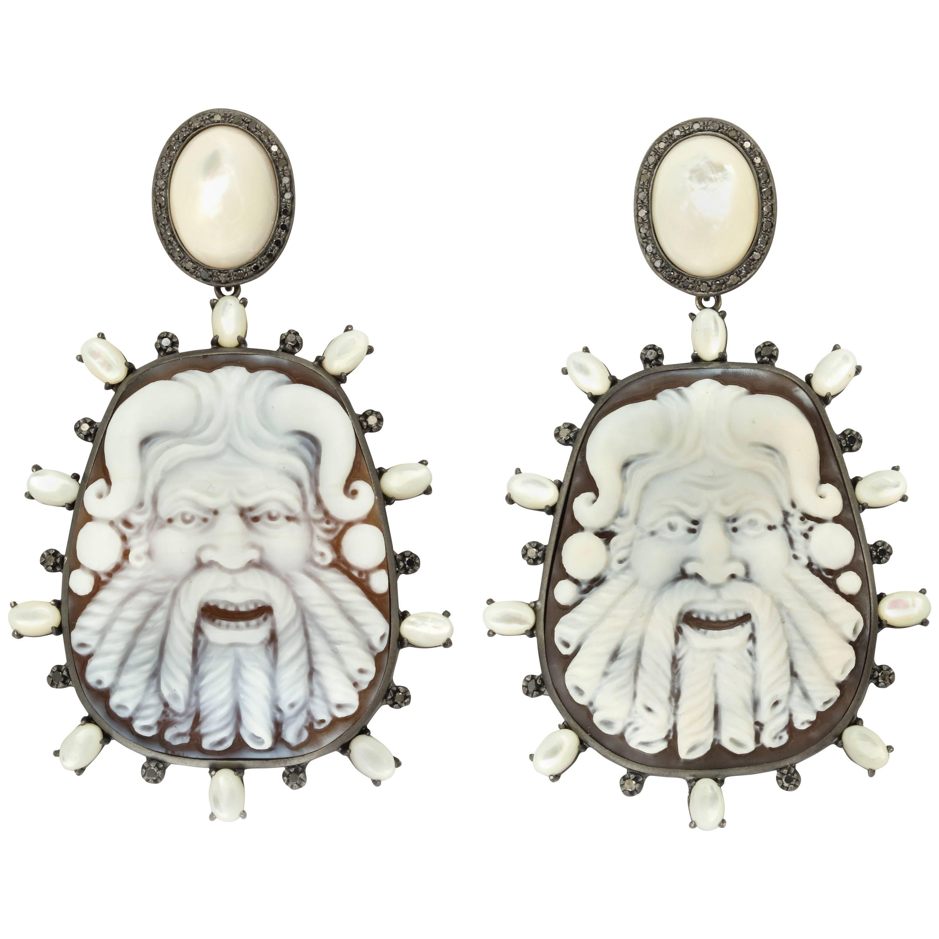 Amedeo Fauno Cameo Couture Mother-of-Pearl Earrings For Sale