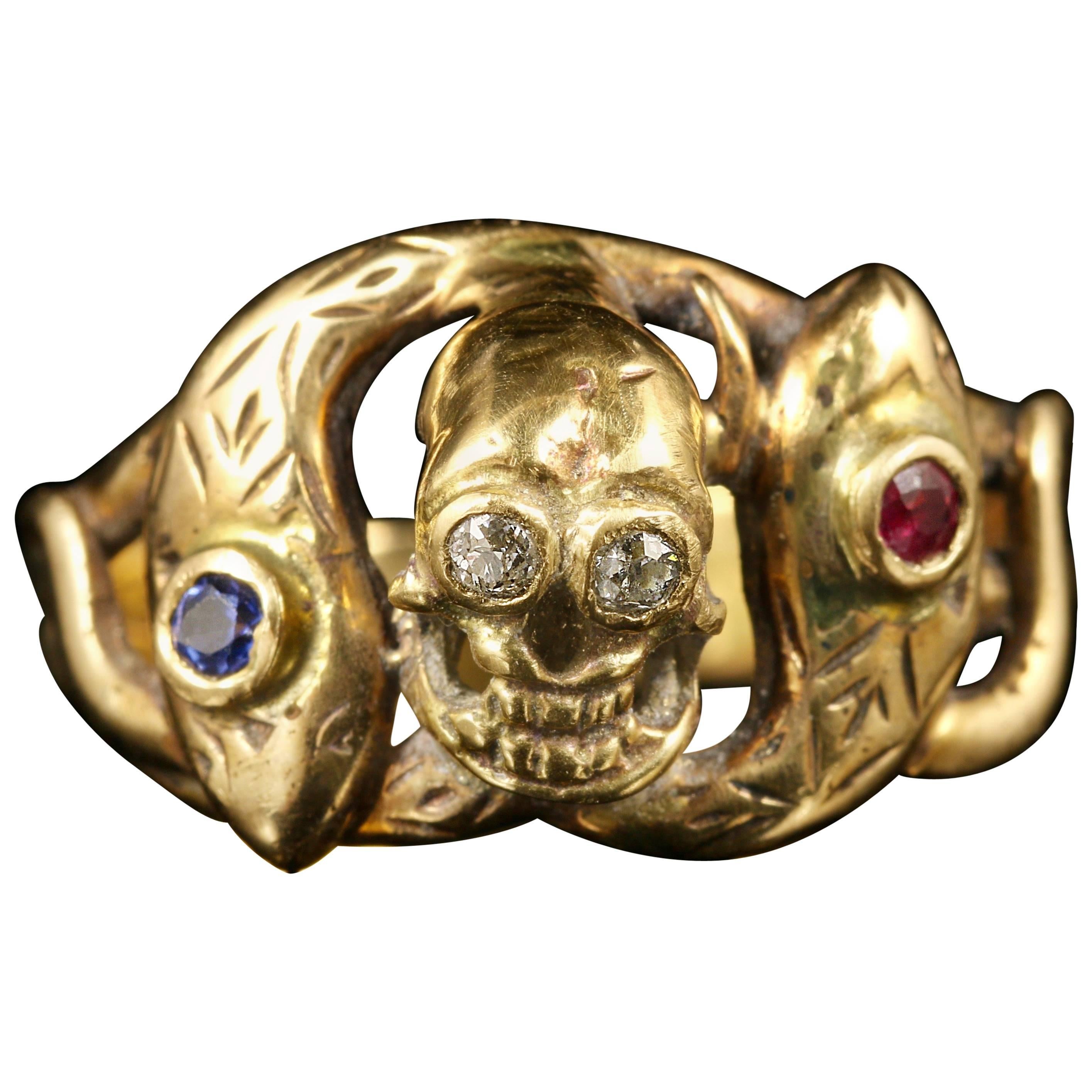 Memento Mori Ruby Sapphire Diamond Gold Skull and Snake ring 