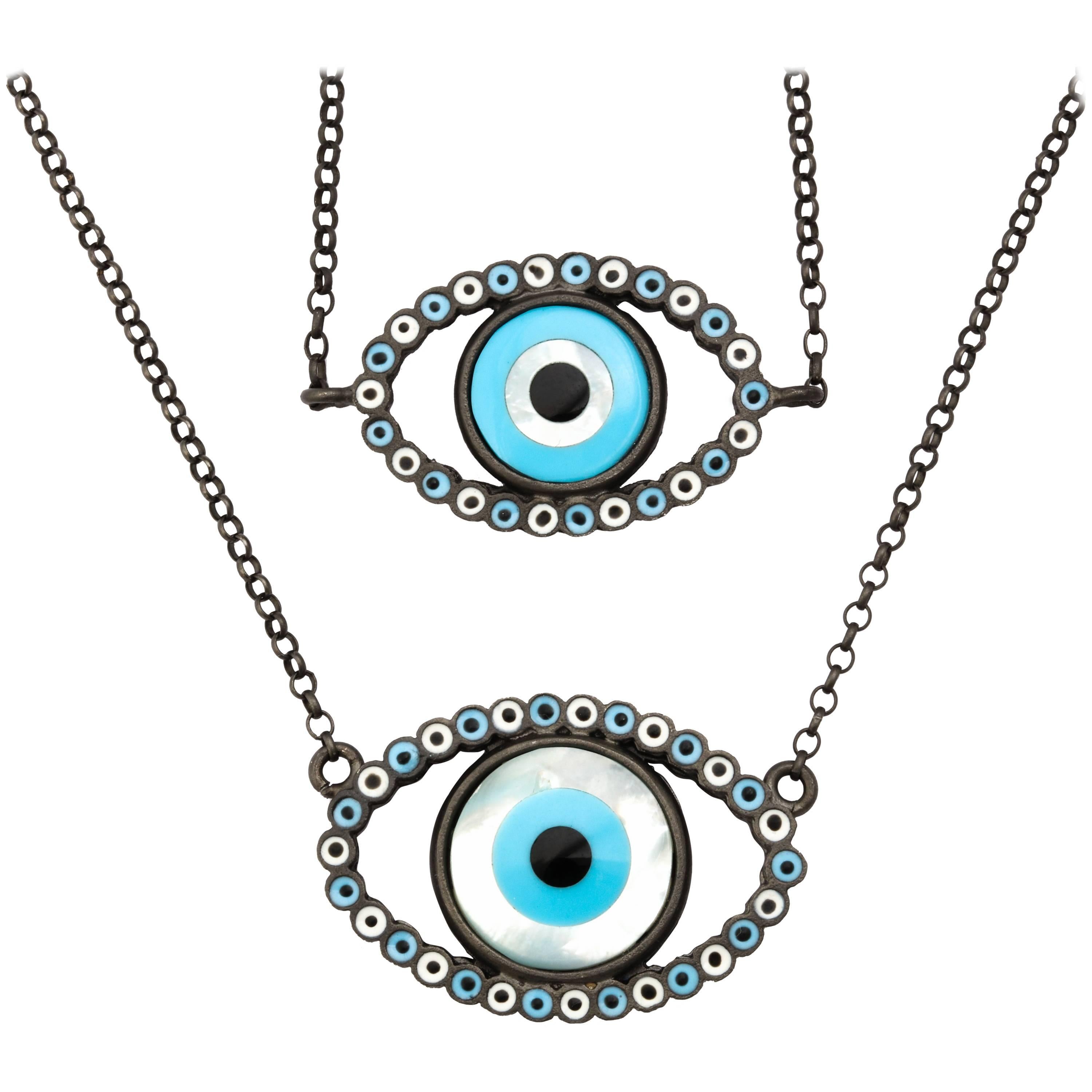 Amedeo Mother-of-Pearl Rhodium Plated Sterling Silver Evil Eye Necklace For Sale