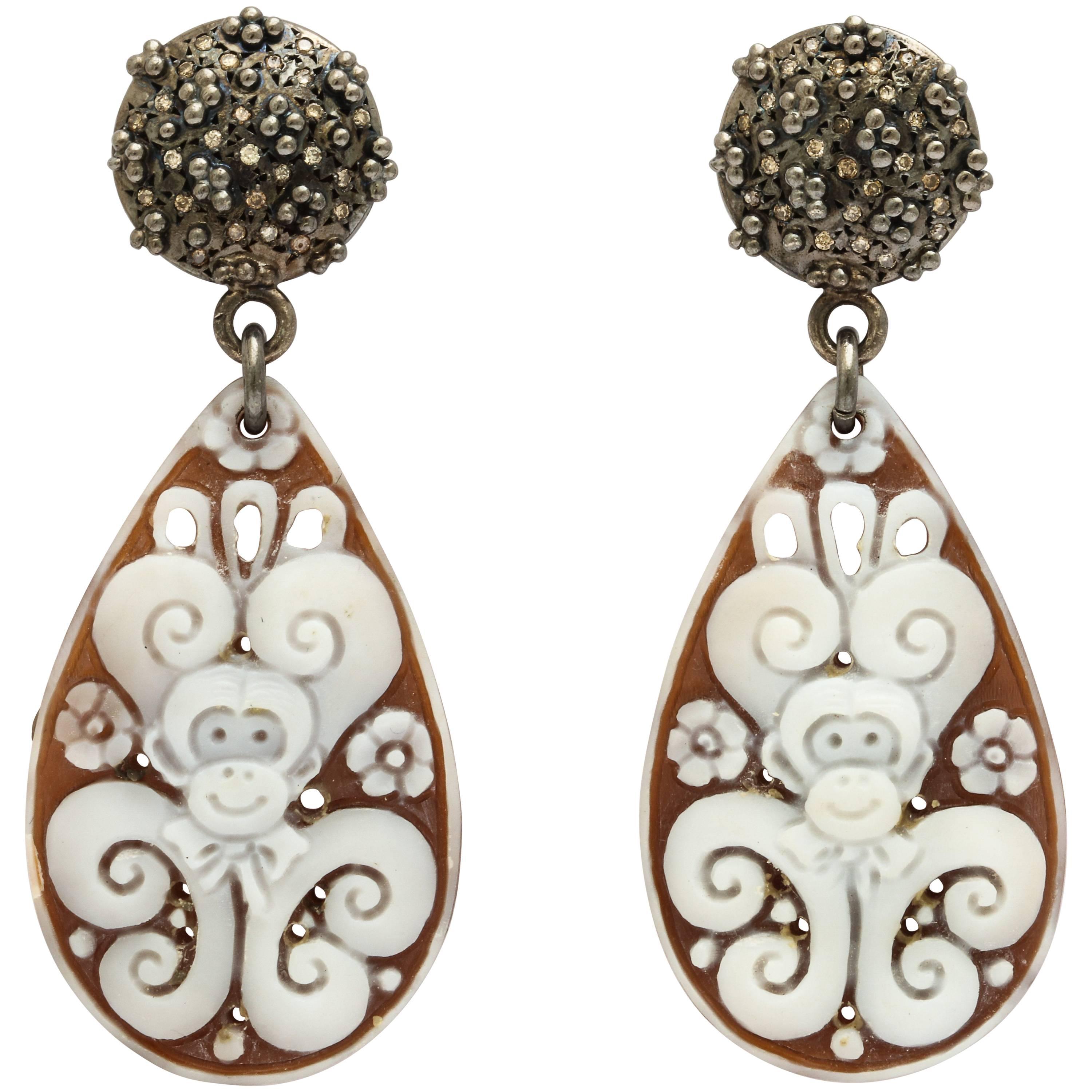Amedeo Caviar Drops Cameo Earrings For Sale