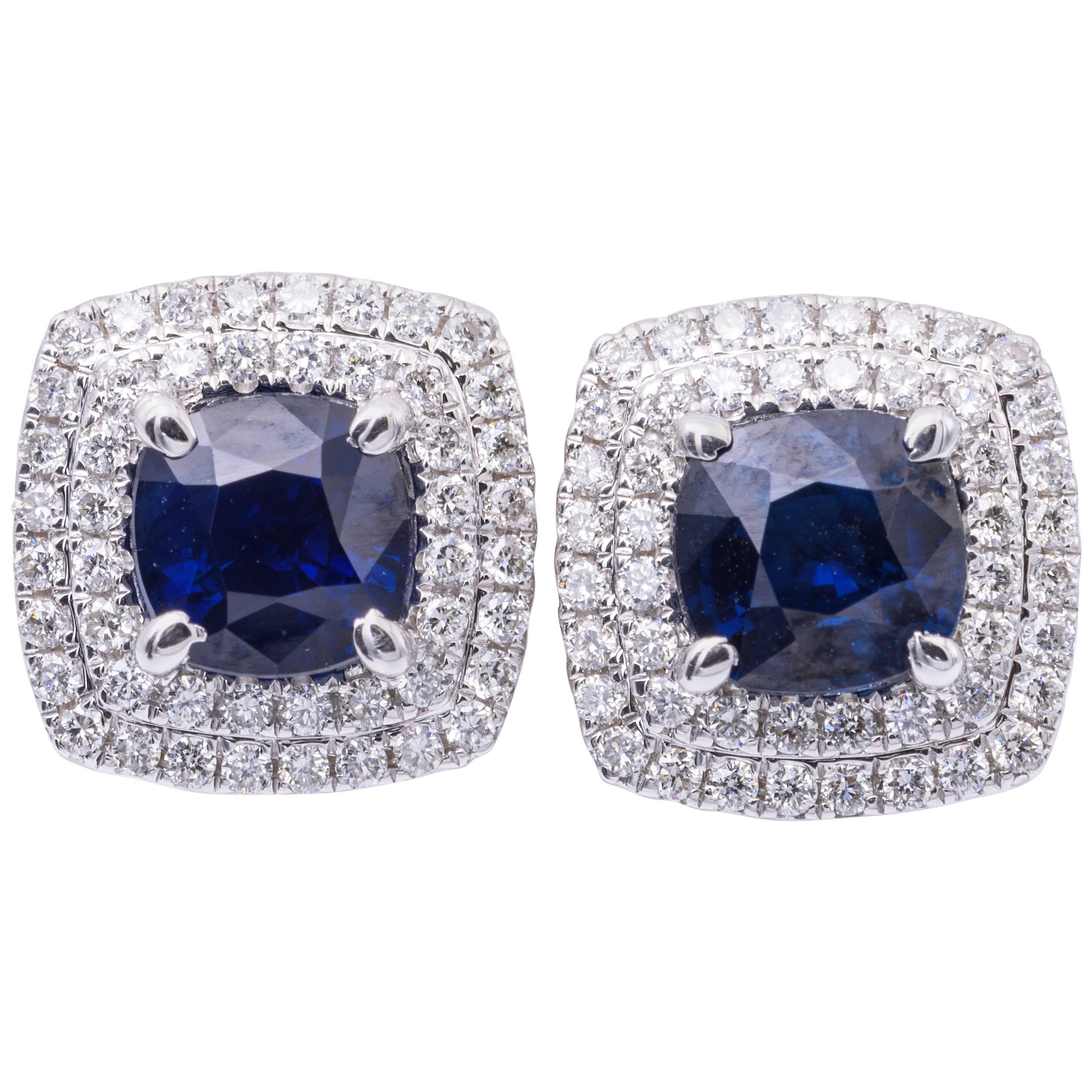 2.29 Carats Sapphires 0.55 Carats Diamonds Halo Earrings  