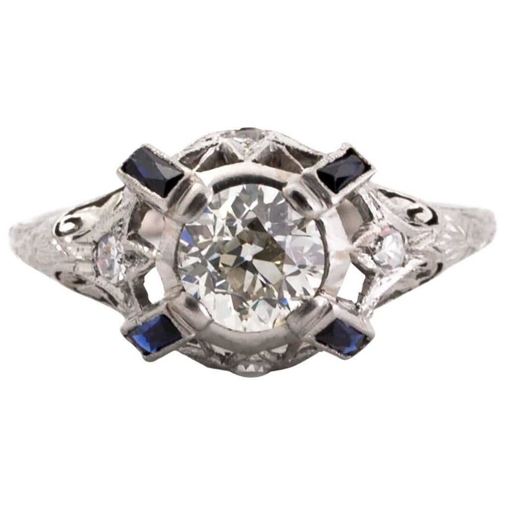 1925 Art Deco Platinum 1.00 Carat Diamond Engagement Ring with Natural Sapphires For Sale