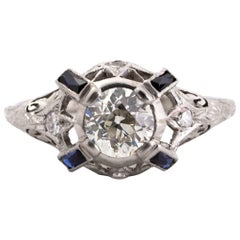 1925 Art Deco Platinum 1.00 Carat Diamond Engagement Ring with Natural Sapphires