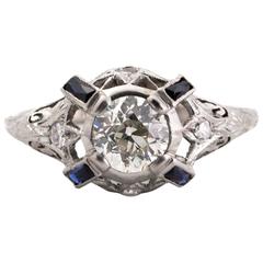 1925 Art Deco Platinum 1.00 Carat Diamond Engagement Ring with Natural Sapphires 2
