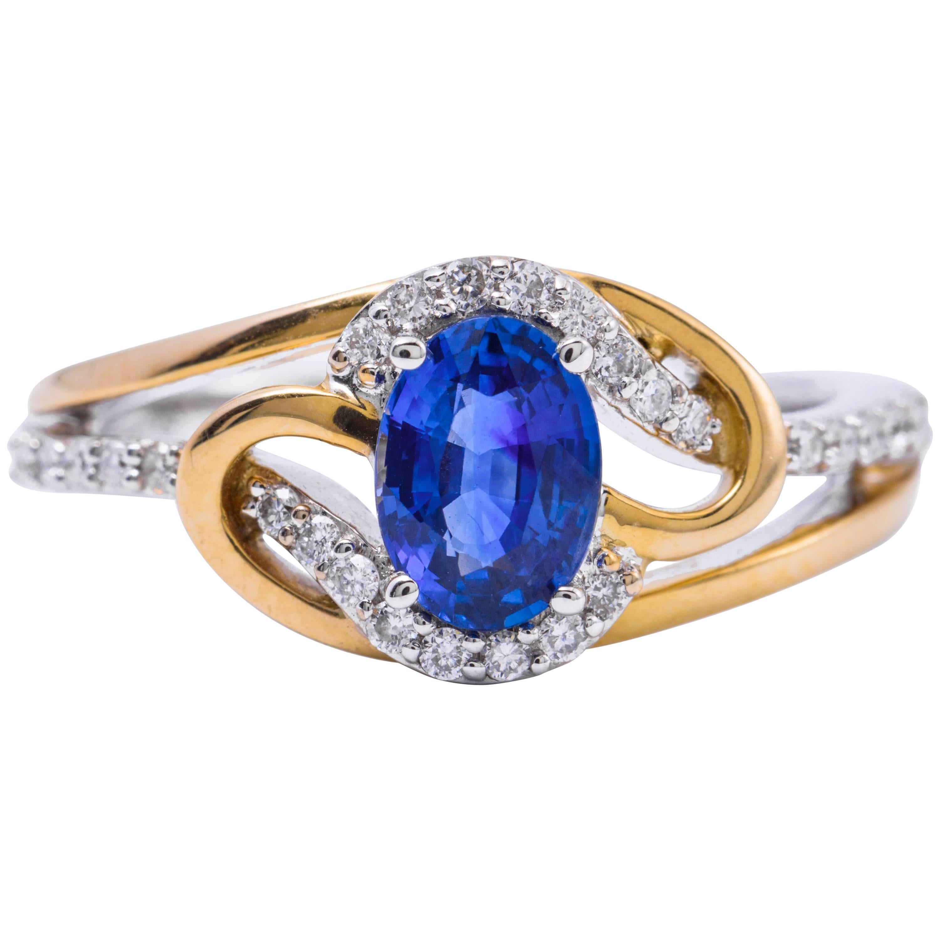 Ceylon Sapphire Diamonds White and Yellow Gold Ring