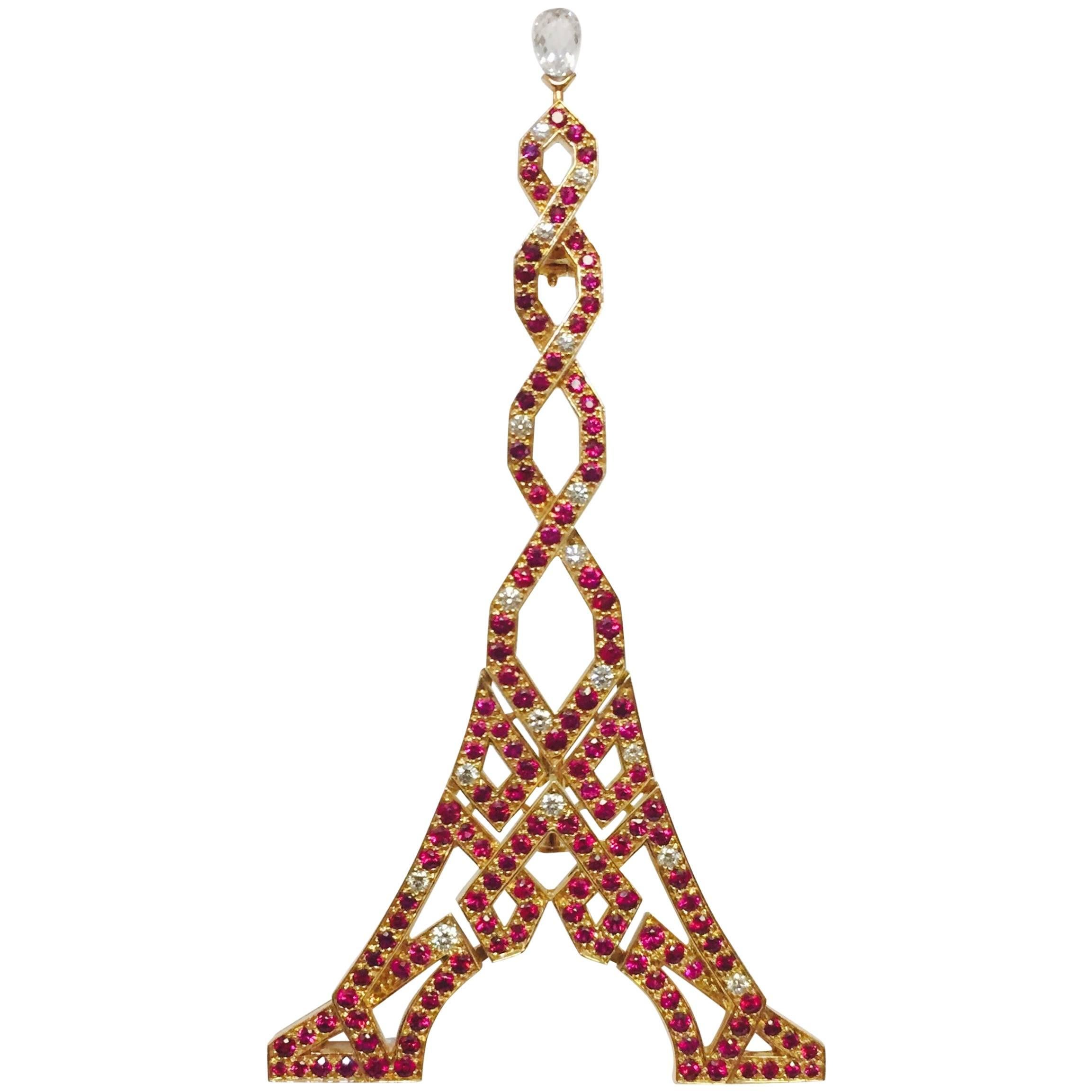 Boucheron Ruby Diamond Gold Eiffel Tower Brooch For Sale