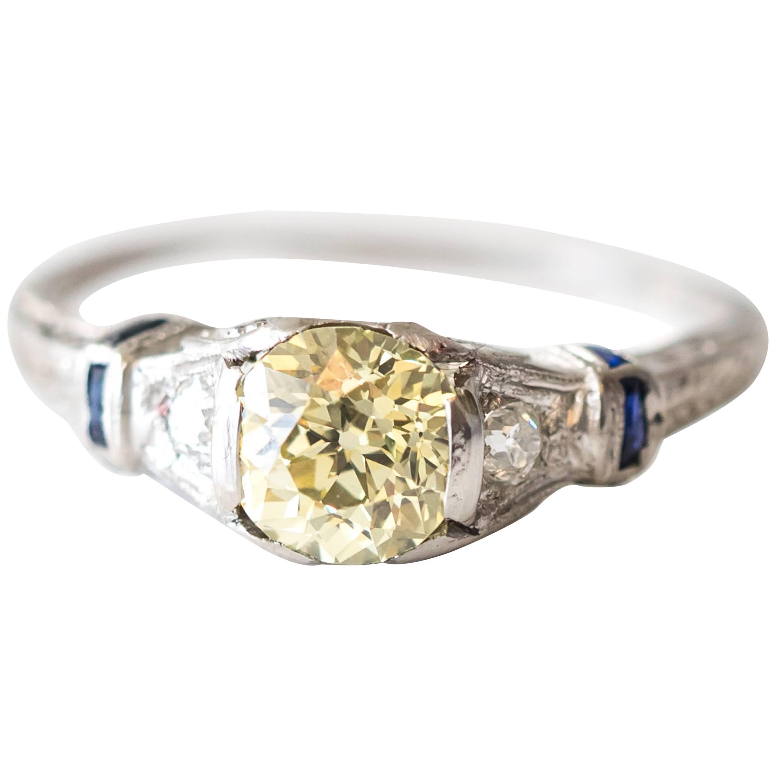 1920s Art Deco GIA Certified 1.03 Carat Fancy Yellow Diamond Platinum Ring