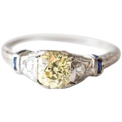 1920s Rare Fancy Yellow GIA Certified Diamond Sapphire Platinum Ring 2