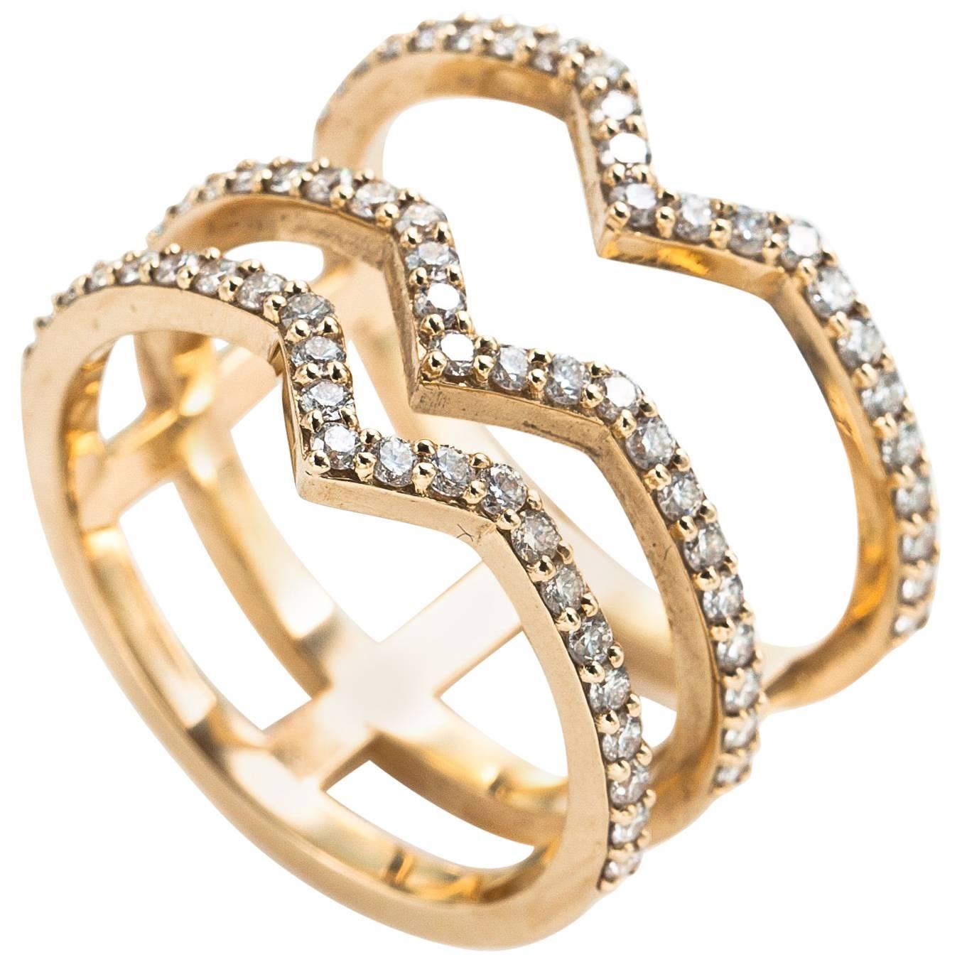 Paige Novick Elisabeth Yellow Gold Three-Bar Kiss Ring with Diamonds Pave  For Sale