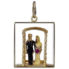 Vintage Great Enamel Gold Bride and Groom Charm