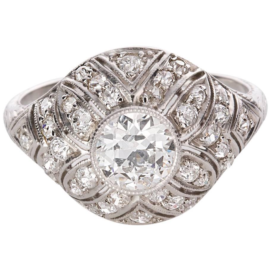 1.49 Carat Diamond Edwardian Filigree Platinum Ring For Sale