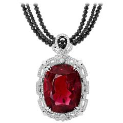 rubellite pendant 64.53 Carat Rubellite Tourmaline Diamonds Spinel Art Deco Pendant