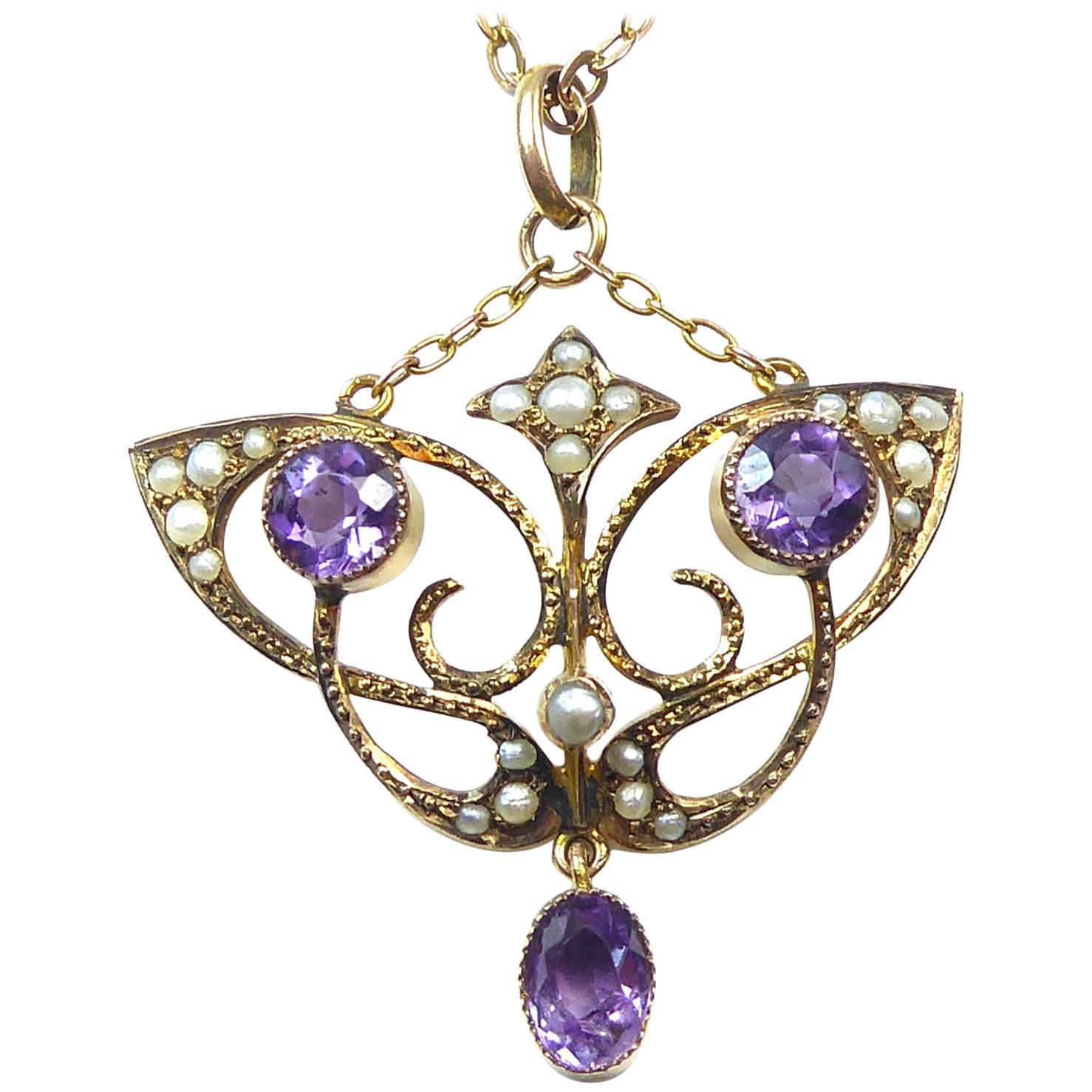 Antique Art Nouveau Pendant, Amethyst and Pearl, 9 Carat Chain