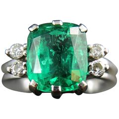 French 3.70 Carat Emerald Diamonds White Gold Engagement Ring