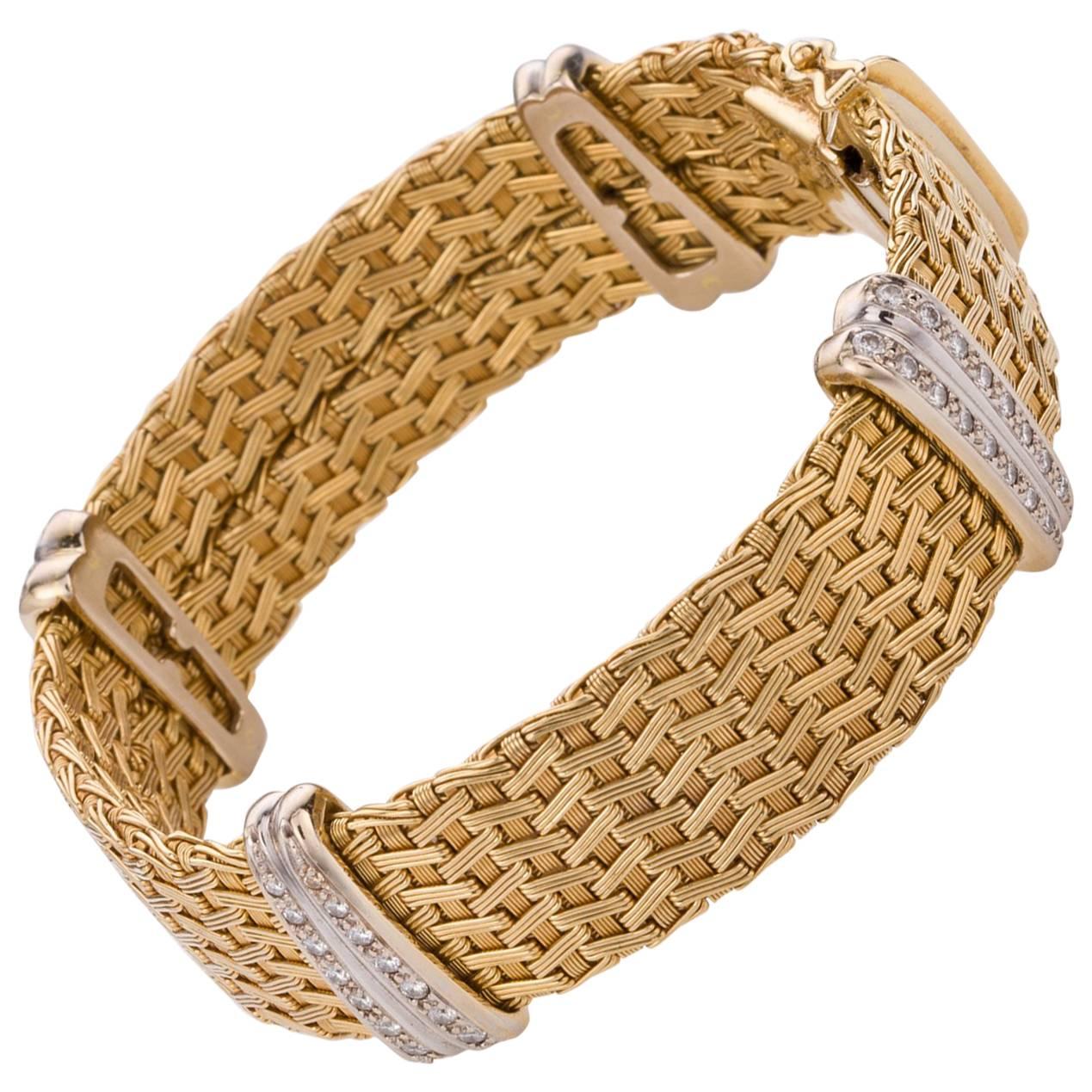 18 Karat Yellow Gold & Diamond German Crafted Woven Flexible Bracelet