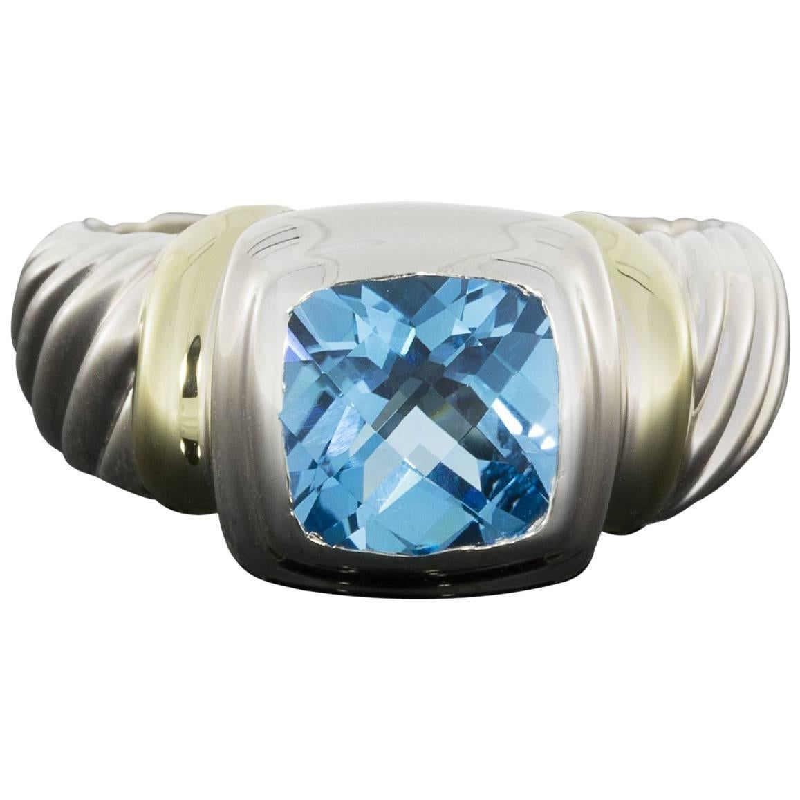 David Yurman Blue Topaz Silver and Gold Cushion Noblesse Ring