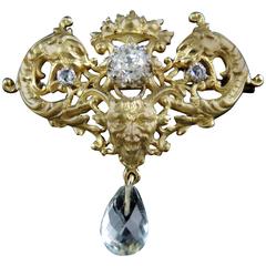 Antique Gold Brooch with Diamonds and Aquamarine, 19th Century