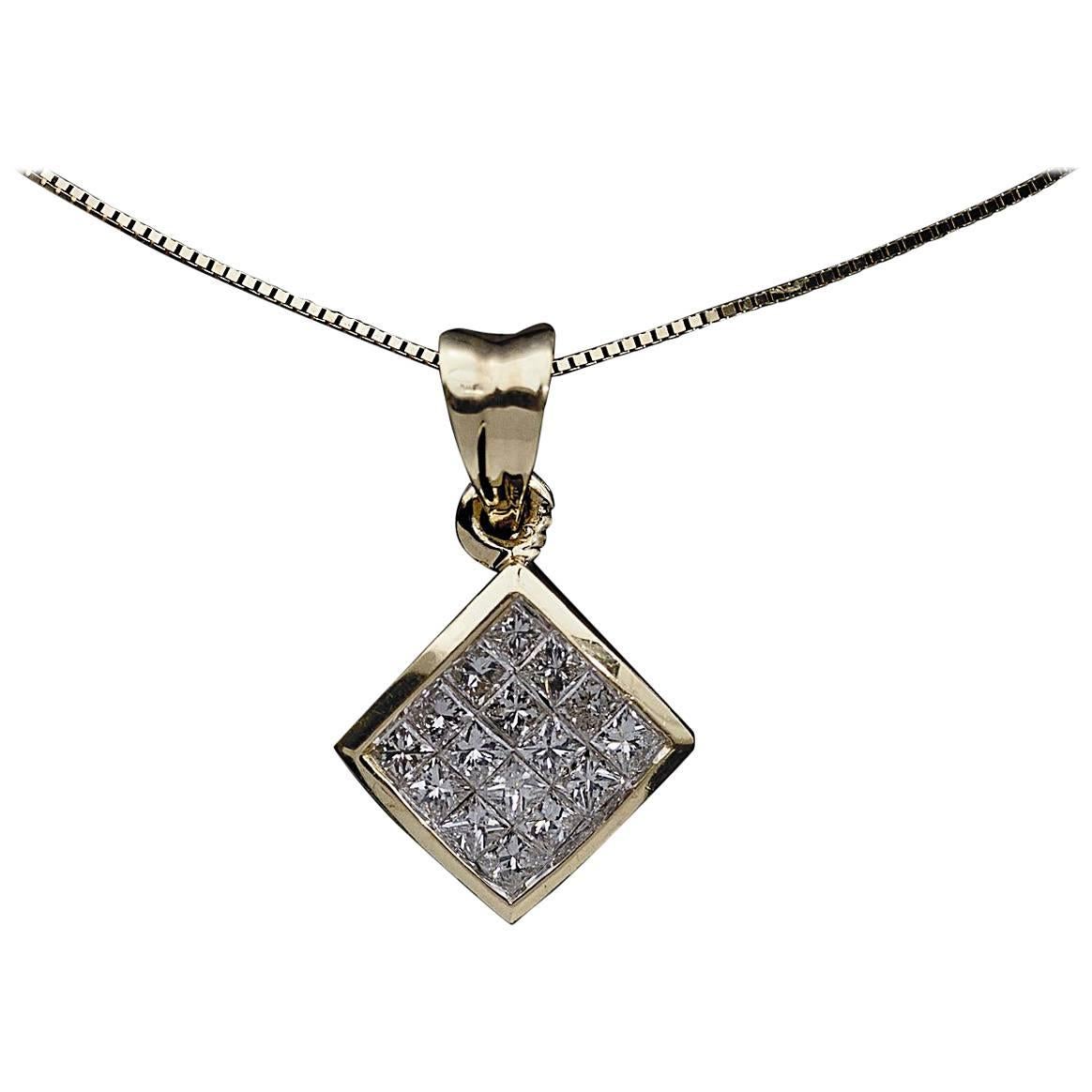 Invisible Set Princess Diamond Yellow Gold Pendant Necklace