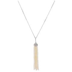 18 Karat Tassel Pearl and Diamond Enhancer Necklace on Diamond Cut Cable Chain