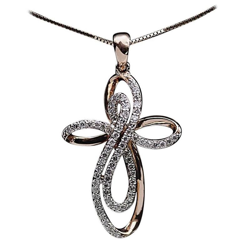 Diamond Rose Gold Open Loop Cross Pendant Necklace at 1stdibs